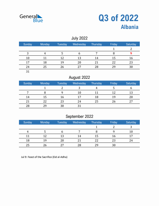 Albania 2022 Quarterly Calendar with Sunday Start