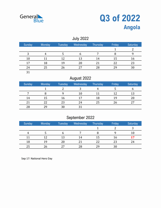 Angola 2022 Quarterly Calendar with Sunday Start
