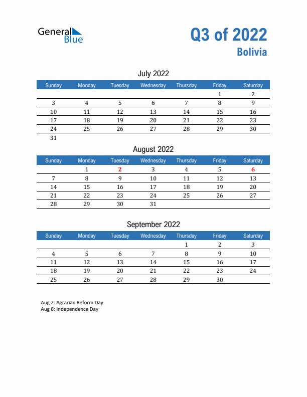 Bolivia 2022 Quarterly Calendar with Sunday Start