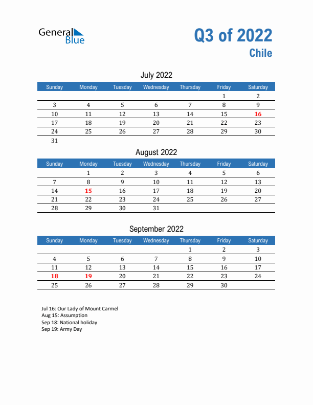 Chile 2022 Quarterly Calendar with Sunday Start