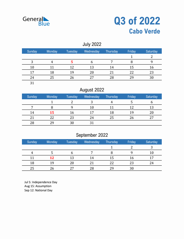 Cabo Verde 2022 Quarterly Calendar with Sunday Start