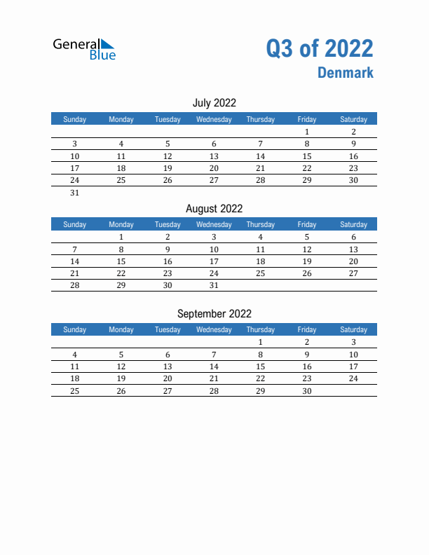 Denmark 2022 Quarterly Calendar with Sunday Start