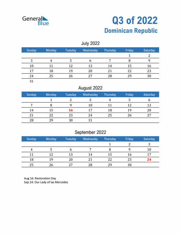 Dominican Republic 2022 Quarterly Calendar with Sunday Start
