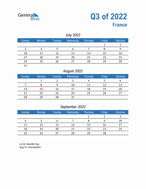 France 2022 Quarterly Calendar with Sunday Start