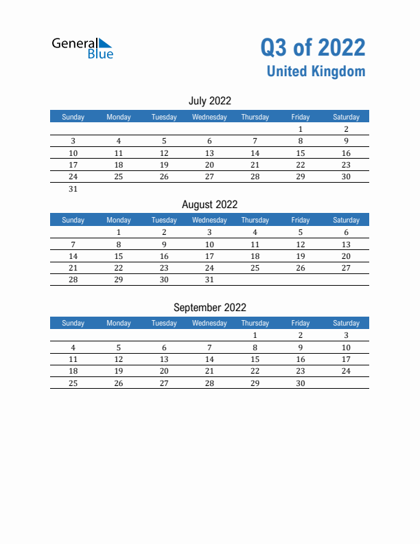 United Kingdom 2022 Quarterly Calendar with Sunday Start