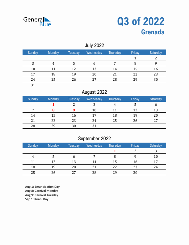 Grenada 2022 Quarterly Calendar with Sunday Start