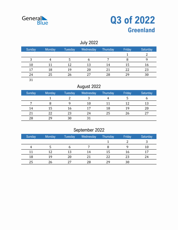 Greenland 2022 Quarterly Calendar with Sunday Start