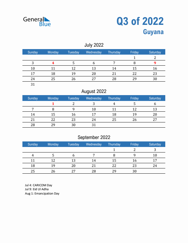 Guyana 2022 Quarterly Calendar with Sunday Start