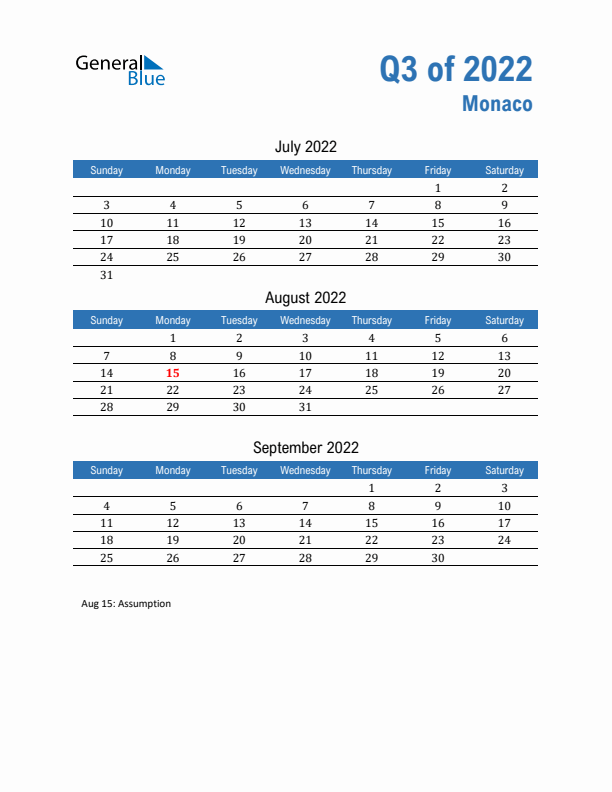 Monaco 2022 Quarterly Calendar with Sunday Start