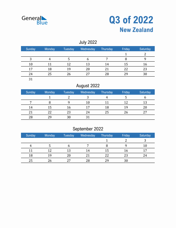 New Zealand 2022 Quarterly Calendar with Sunday Start