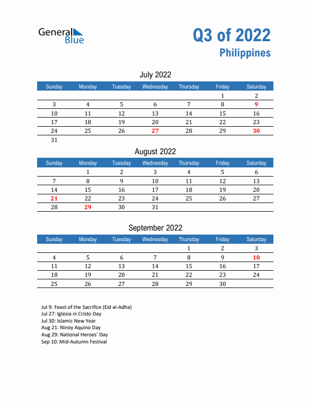 Philippines 2022 Quarterly Calendar with Sunday Start