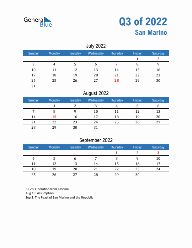 San Marino 2022 Quarterly Calendar with Sunday Start