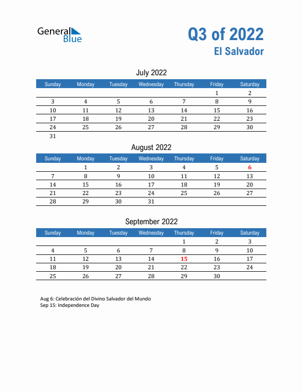 El Salvador 2022 Quarterly Calendar with Sunday Start