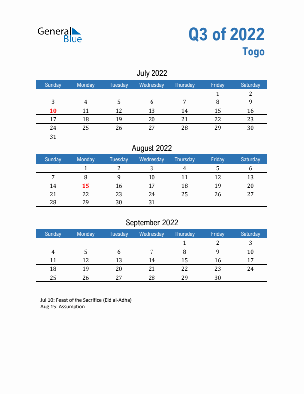 Togo 2022 Quarterly Calendar with Sunday Start