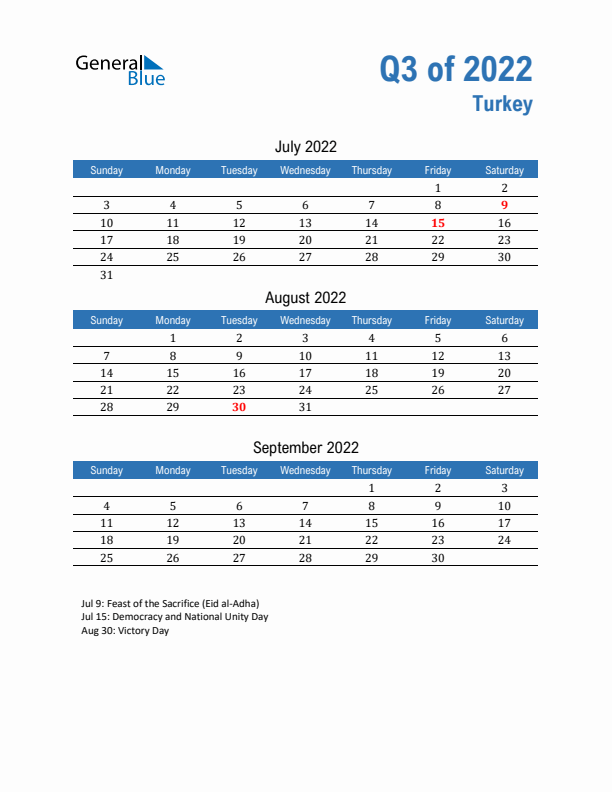 Turkey 2022 Quarterly Calendar with Sunday Start