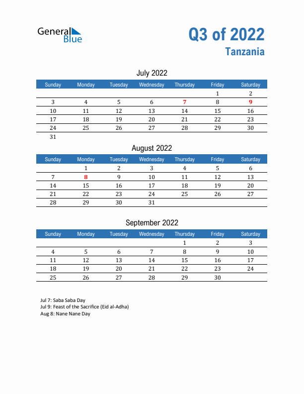 Tanzania 2022 Quarterly Calendar with Sunday Start