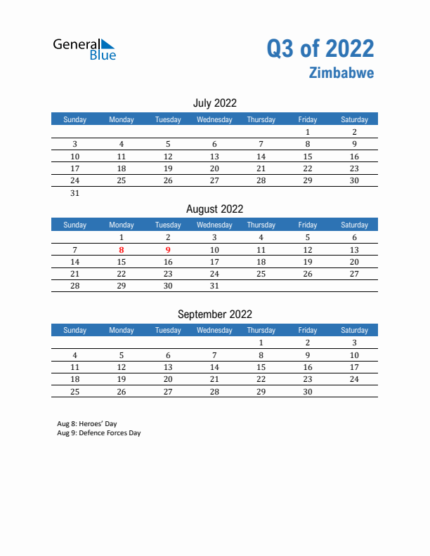 Zimbabwe 2022 Quarterly Calendar with Sunday Start