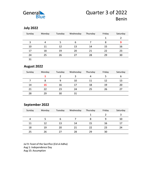  2022 Three-Month Calendar for Benin