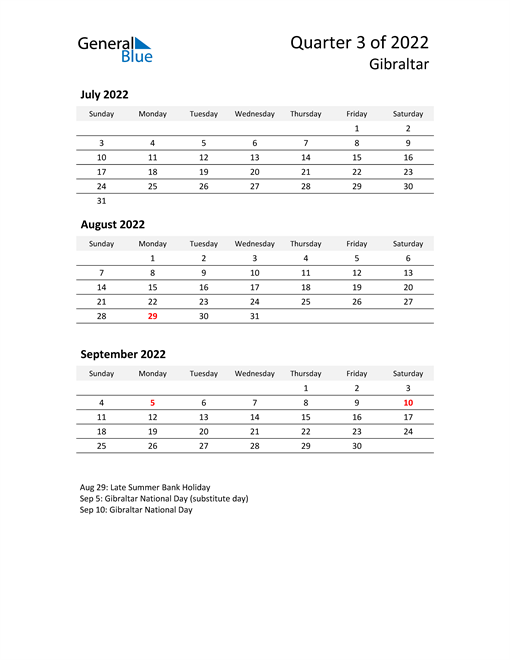  2022 Three-Month Calendar for Gibraltar