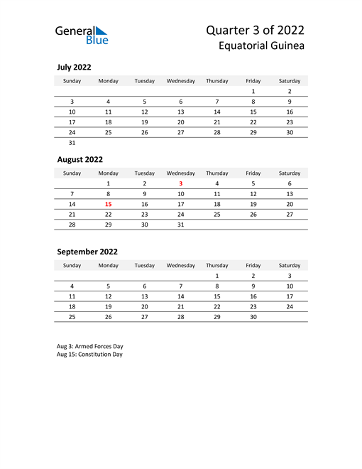  2022 Three-Month Calendar for Equatorial Guinea