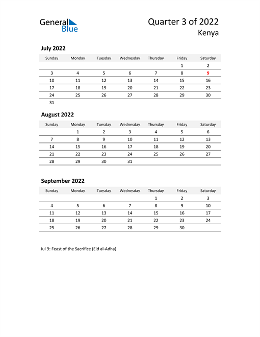  2022 Three-Month Calendar for Kenya