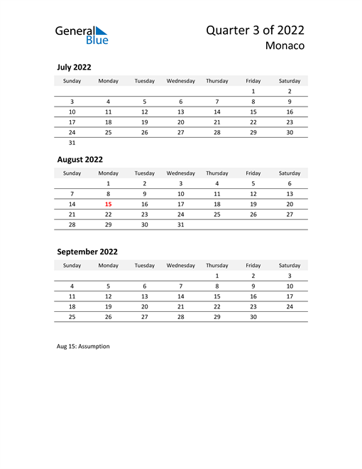  2022 Three-Month Calendar for Monaco