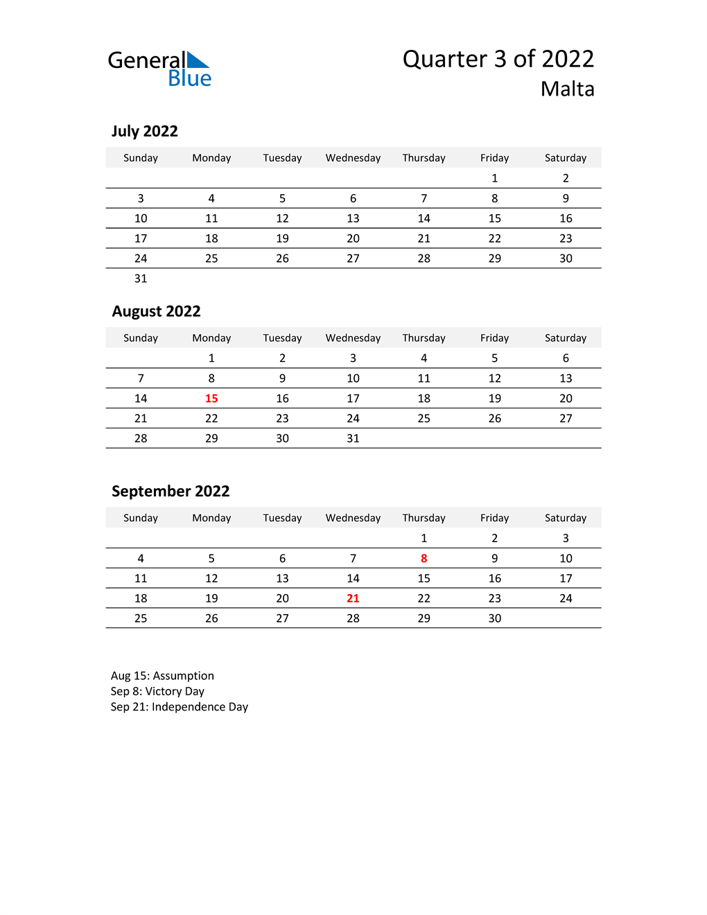  2022 Three-Month Calendar for Malta