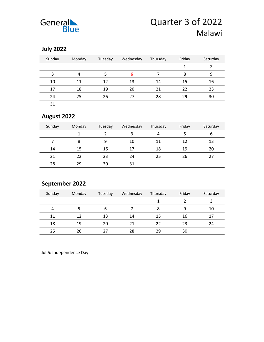  2022 Three-Month Calendar for Malawi