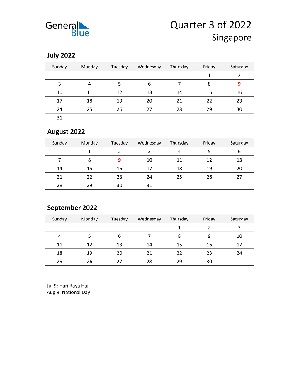  2022 Three-Month Calendar for Singapore