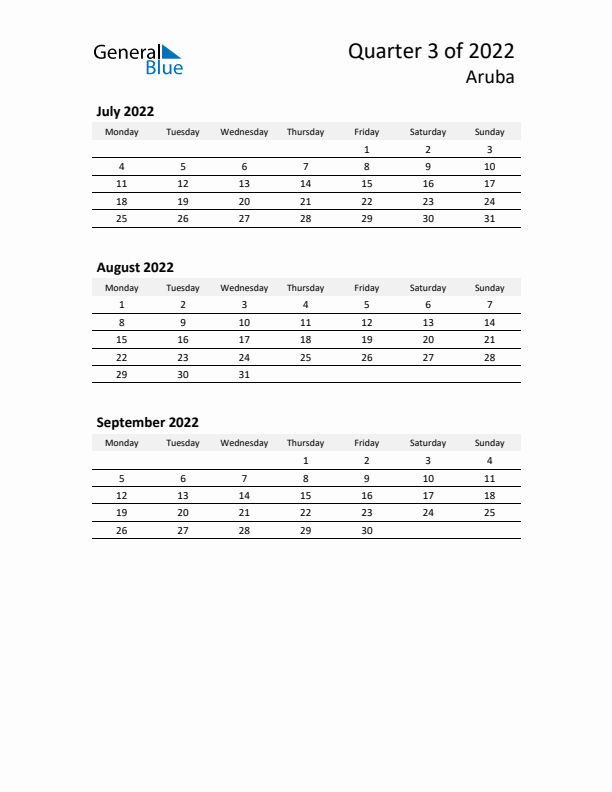 2022 Three-Month Calendar for Aruba