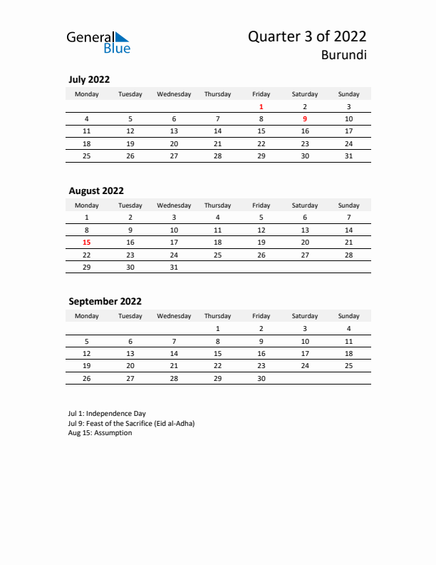 2022 Three-Month Calendar for Burundi