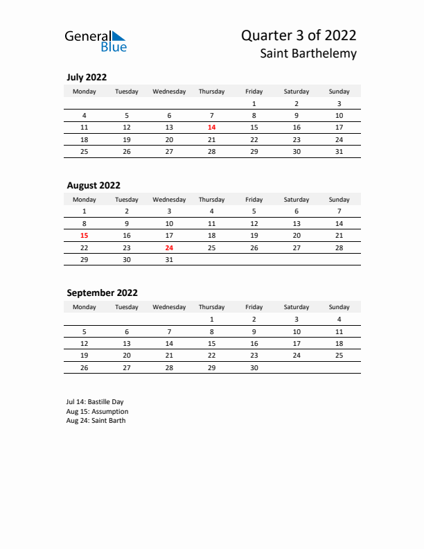 2022 Three-Month Calendar for Saint Barthelemy