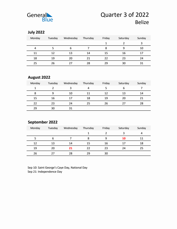 2022 Three-Month Calendar for Belize