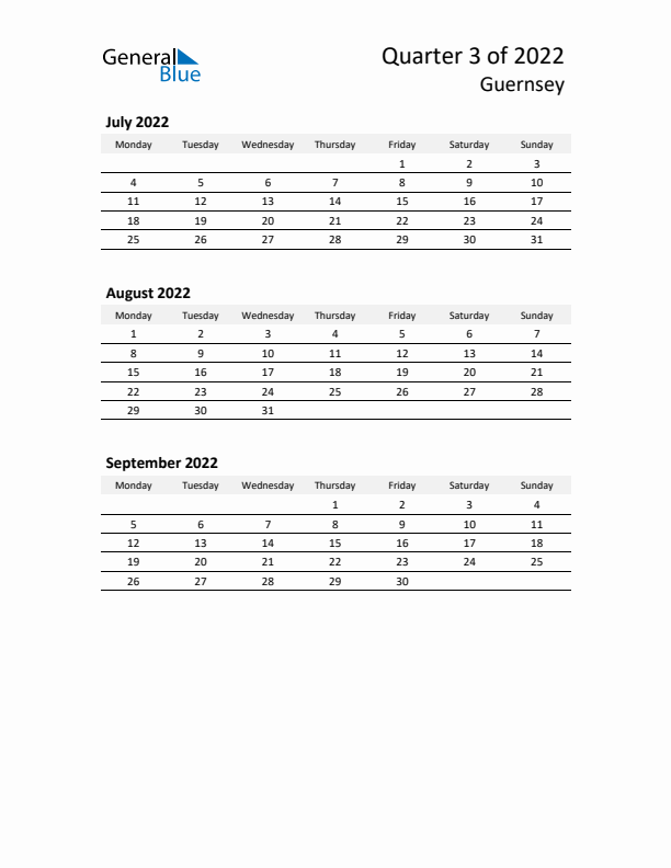 2022 Three-Month Calendar for Guernsey