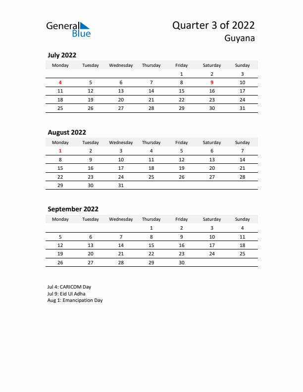 2022 Three-Month Calendar for Guyana