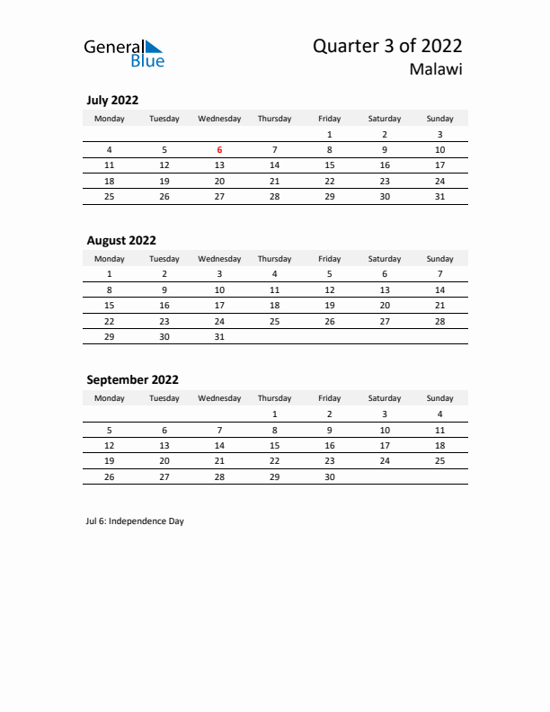 2022 Three-Month Calendar for Malawi