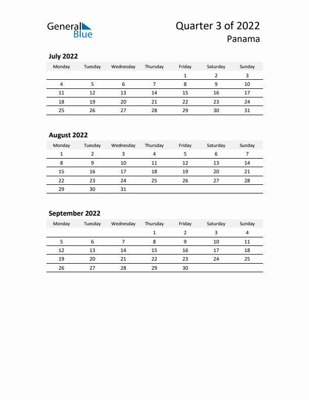 2022 Three-Month Calendar for Panama