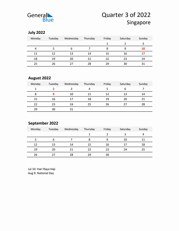 2022 Three-Month Calendar for Singapore