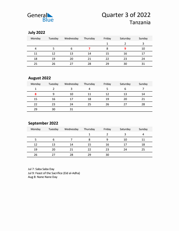 2022 Three-Month Calendar for Tanzania
