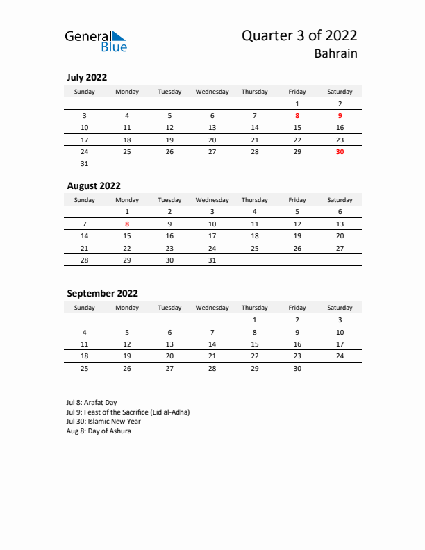 2022 Three-Month Calendar for Bahrain