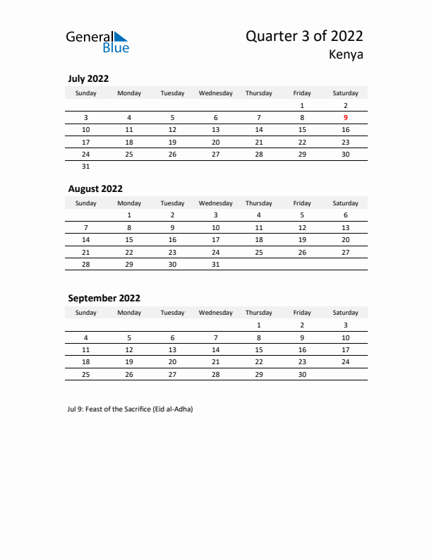 2022 Three-Month Calendar for Kenya