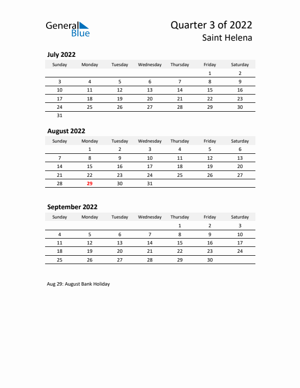 2022 Three-Month Calendar for Saint Helena