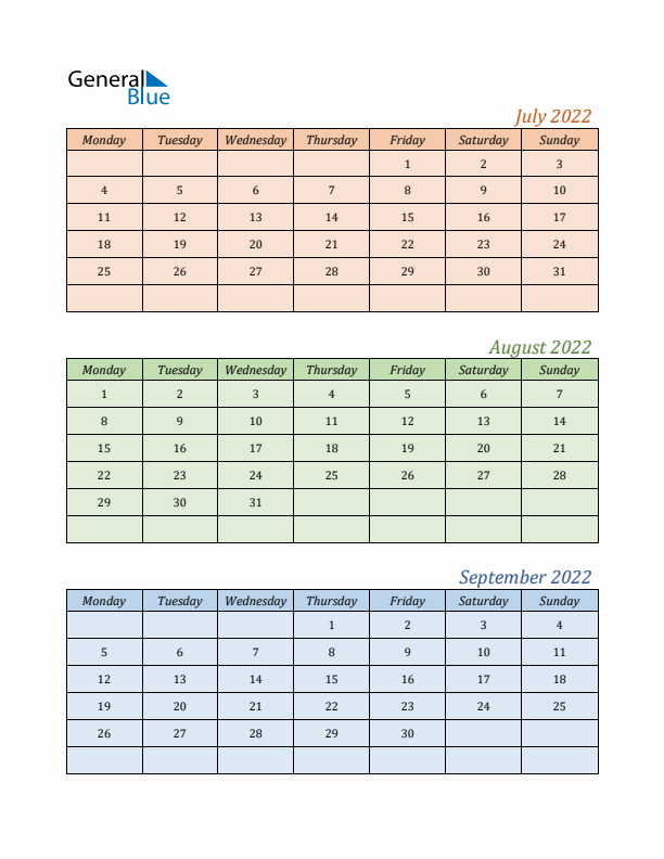 Three-Month Calendar for Year 2022 (July, August, and September)