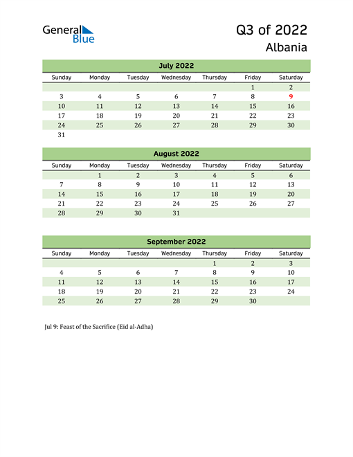  Quarterly Calendar 2022 with Albania Holidays 