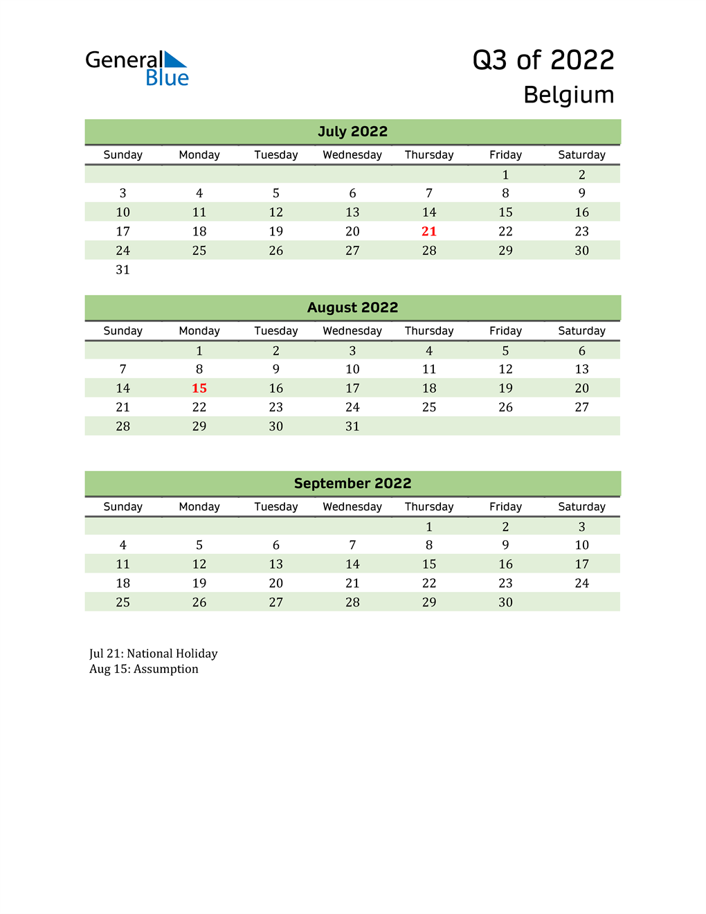  Quarterly Calendar 2022 with Belgium Holidays 