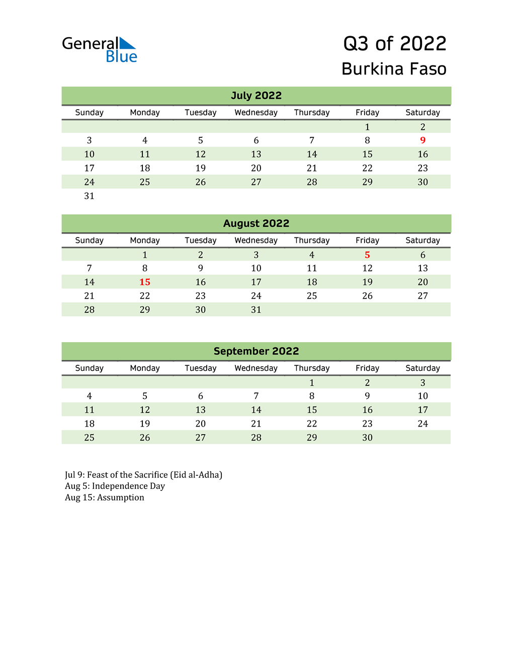  Quarterly Calendar 2022 with Burkina Faso Holidays 