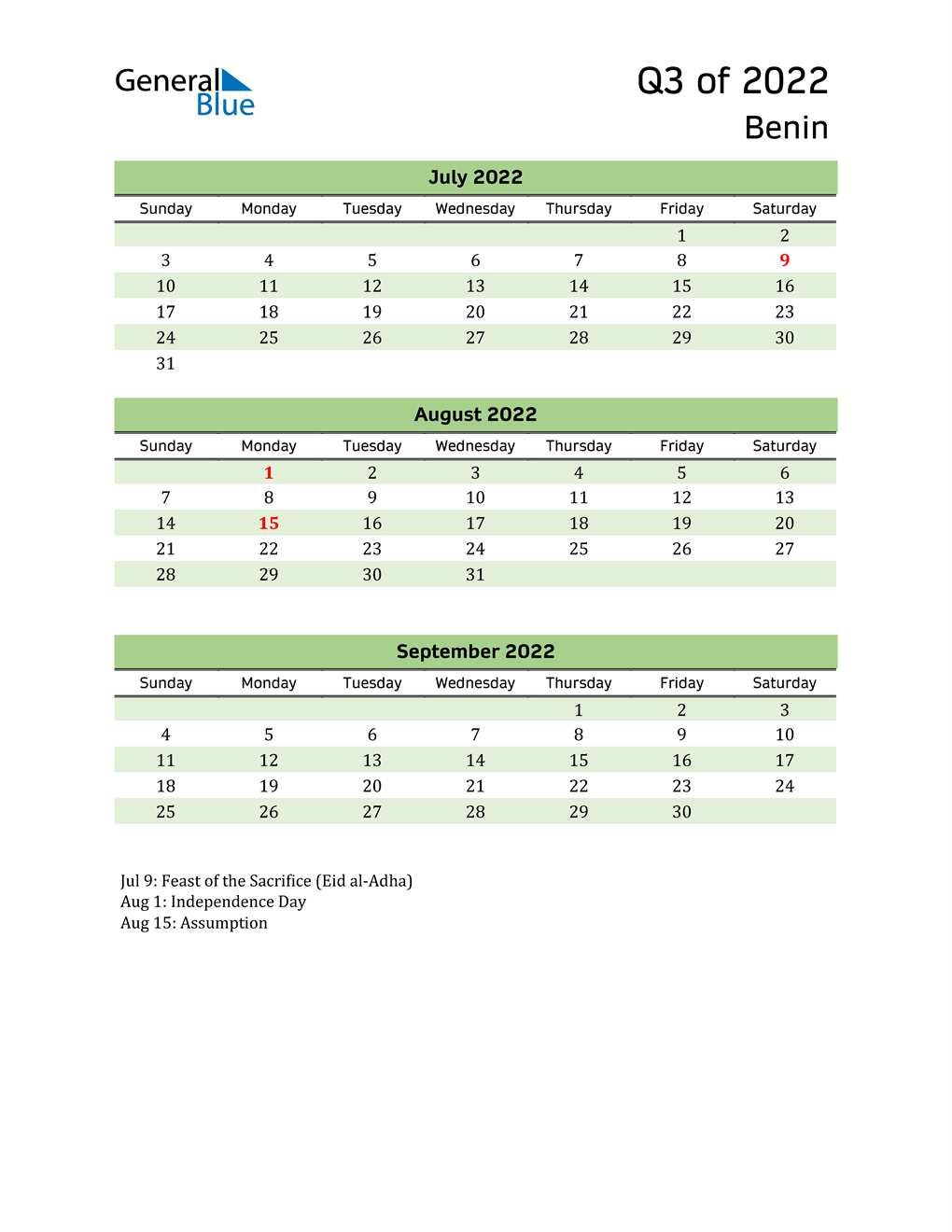  Quarterly Calendar 2022 with Benin Holidays 