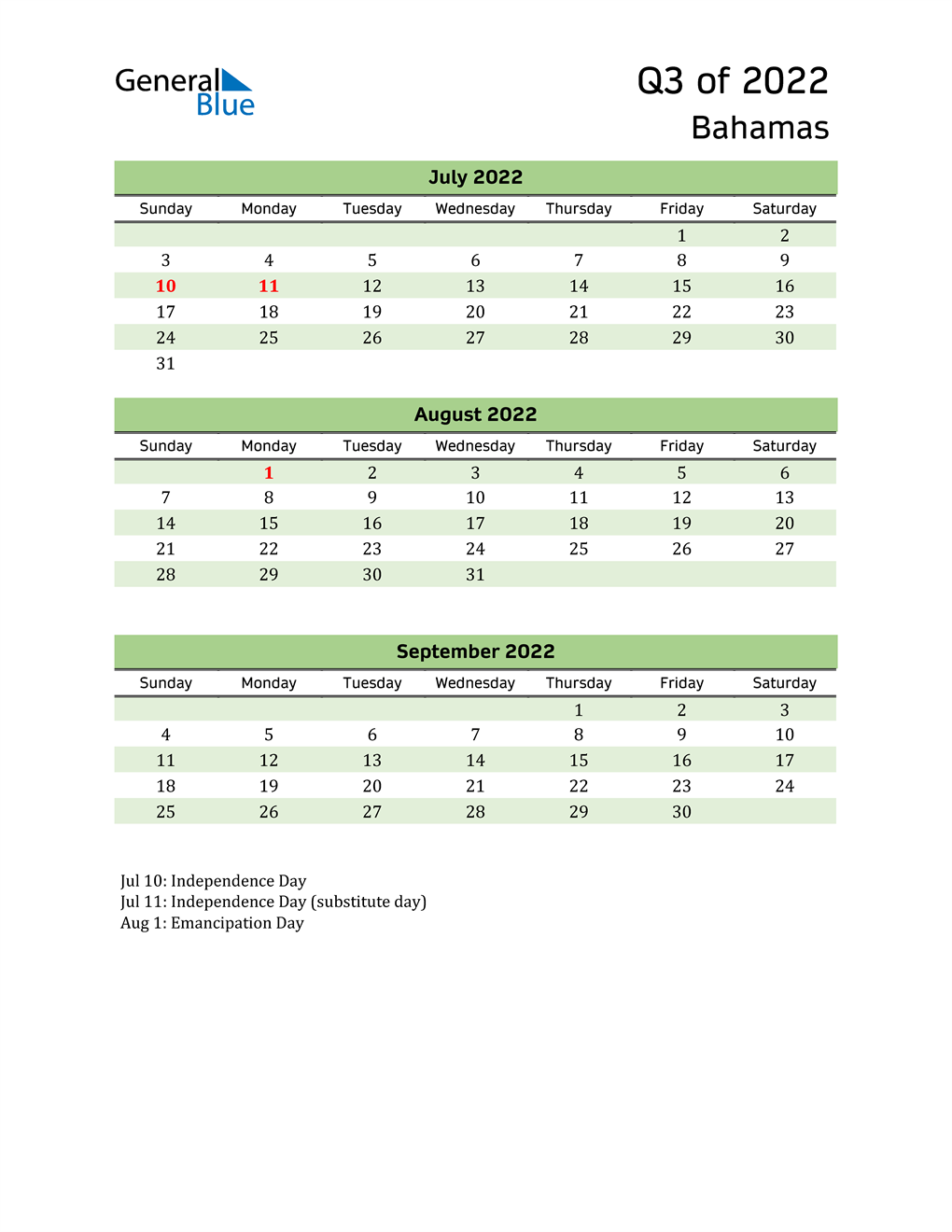  Quarterly Calendar 2022 with Bahamas Holidays 