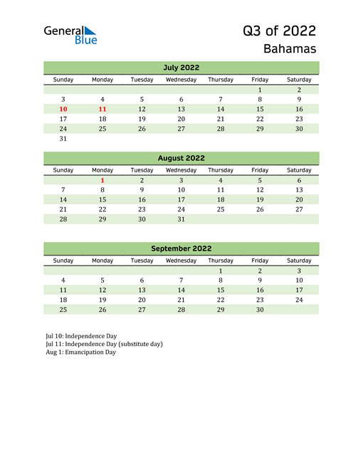  Quarterly Calendar 2022 with Bahamas Holidays 