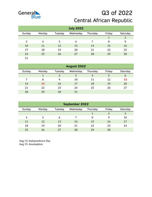  Quarterly Calendar 2022 with Central African Republic Holidays 